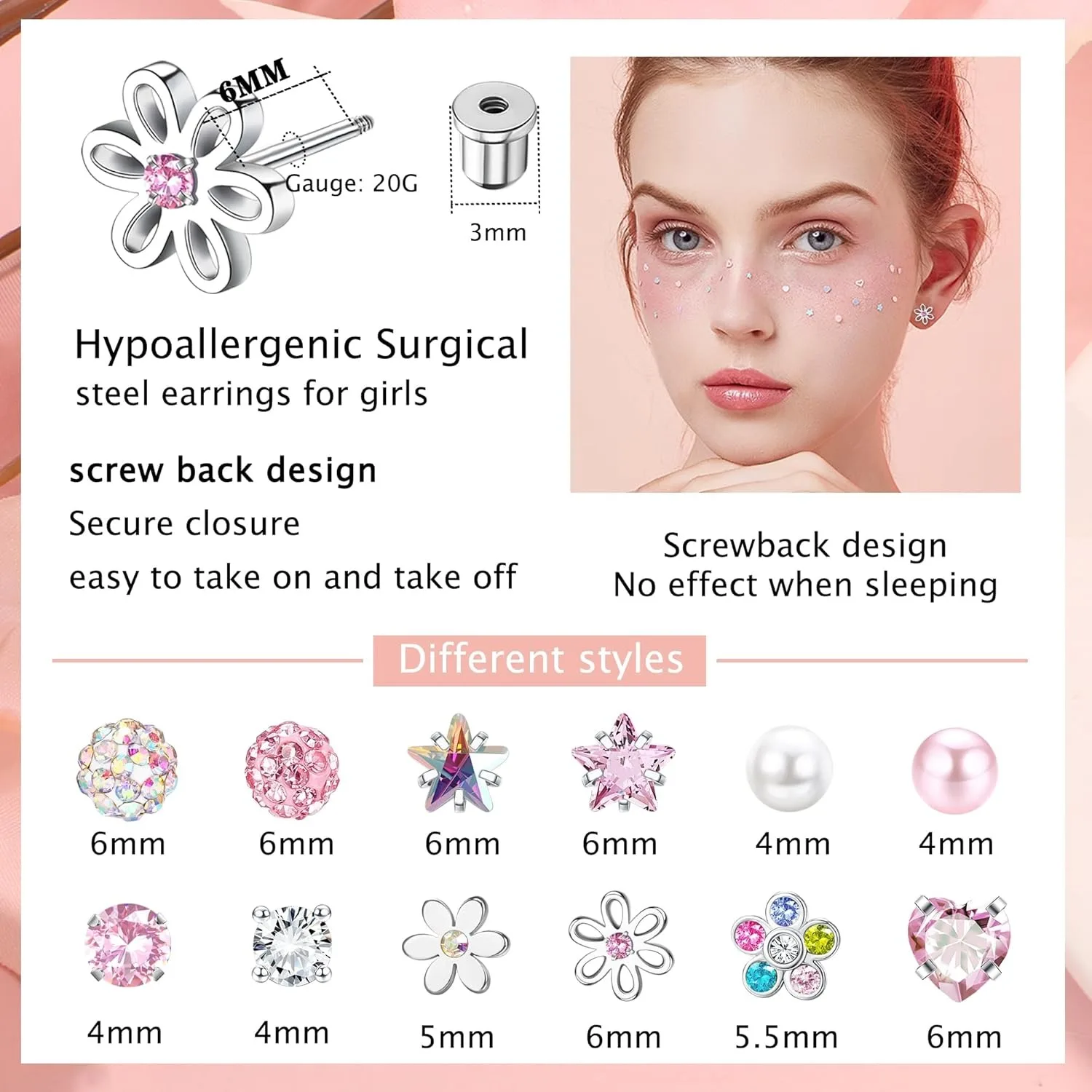 Bobisty 12 Pairs Screw Back Earrings for Women Surgical Steel Cute Pink CZ Heart Flower Pearl Ball Tiny Screwback Earring
