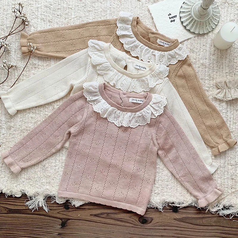 0-4Y Autumn New Baby Girls Clothes Baby Sweater Lace Toddler Knit Sweater Newborn Knitwear Long Sleeve Cotton Baby Pullover Tops