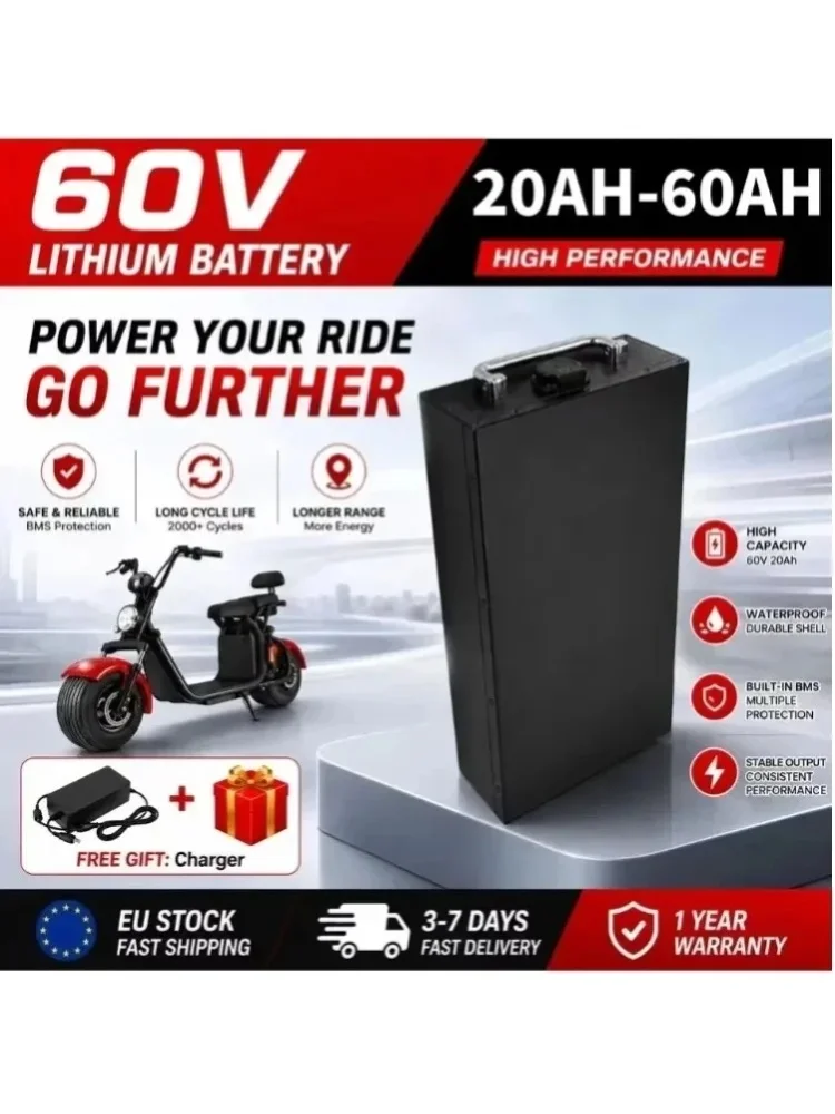 LIDIKALA Für Harley 60V 20Ah-60Ah Lithium-Ionen-Akku mit eingebautem BMS 3000W Style Citycoco Faltbarer Zweirad-Elektro-Scooter E-Motorrad, kostenloses Ladegerät, schnelle Lieferung innerhalb der EU.