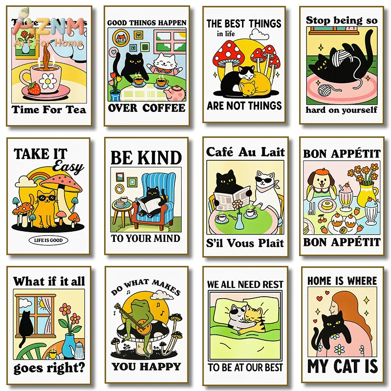 AZNM Cute Retro Cartoon Black Cat Canvas Wall Art Print, Coffee Tea Mushroom Positive Quote Colorful Kitchen Bedroom Pet Lover D