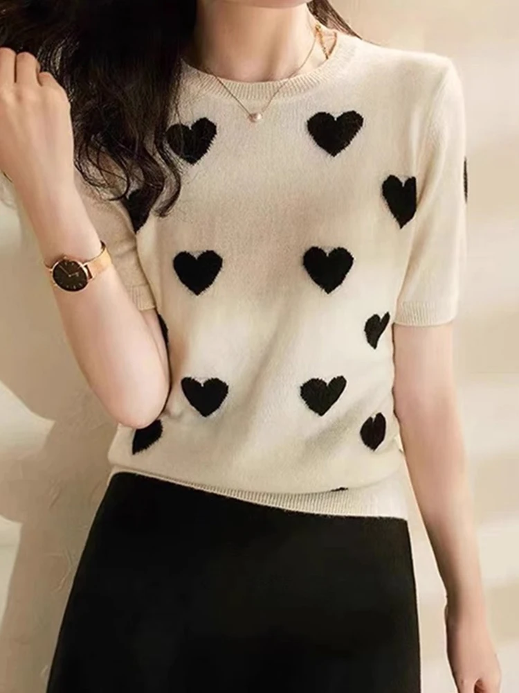 

round Ne Heart Pattern Knitwear Casual Loose ort Sve Top Design Sensation Slimming New Sle Age Reduction