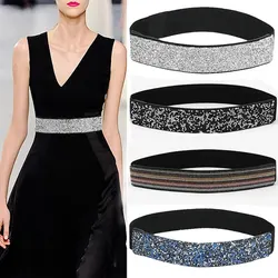 Women Belt Rhinestone Inlaid Elastic Waistband Sparkling Fashion Crystal Waist Cover Elastic Waist Closure Wide Belts With Dress