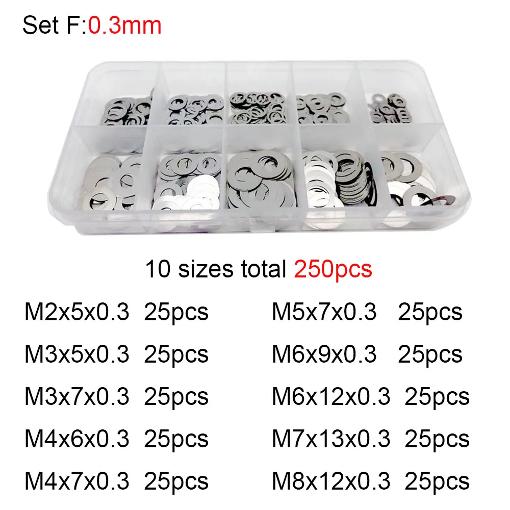 250Pcs M2 M3 M4 M5 M6 M7 M8 304 Stainless Steel Ultra Thin Flat Washer Adjusting Shim Plain Gasket Assortment Kit Set Box DIN988
