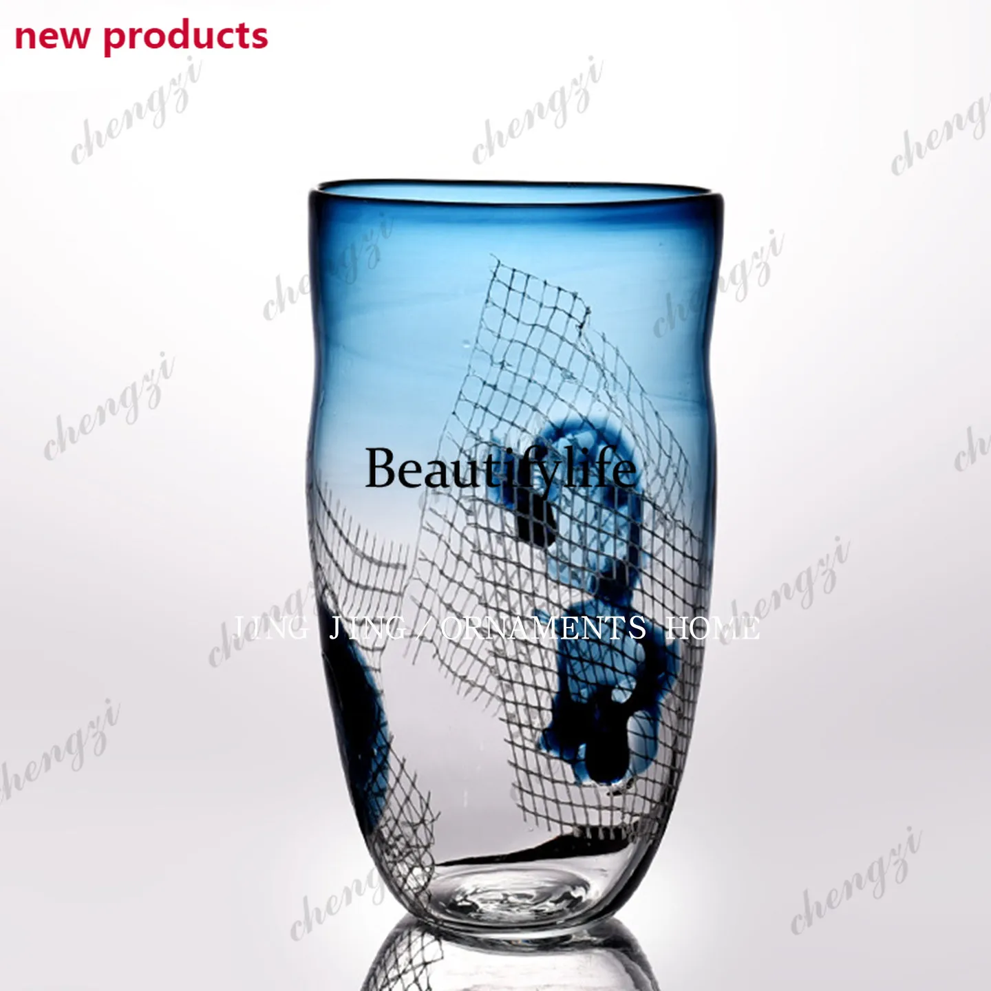 f182 Creative modern flat mouth glass blue vase indoor flower ware dining table decoration vase