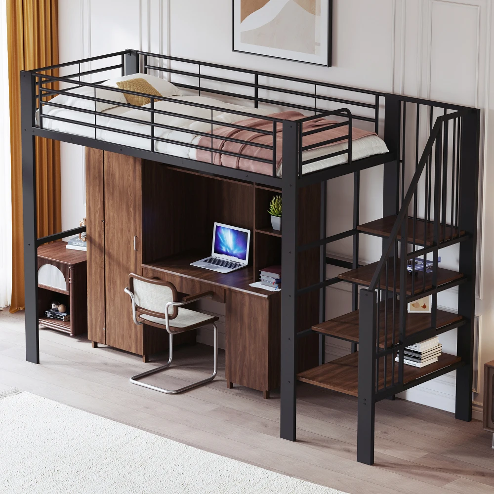 Stabiles Hochbett aus Metall, 90 x 200 cm/140 x 200 cm, mit geräumigem Stauraum unter dem Bett und Treppe für Kinder und Erwachsene, Bettgestelle und -gestelle – Detail 40