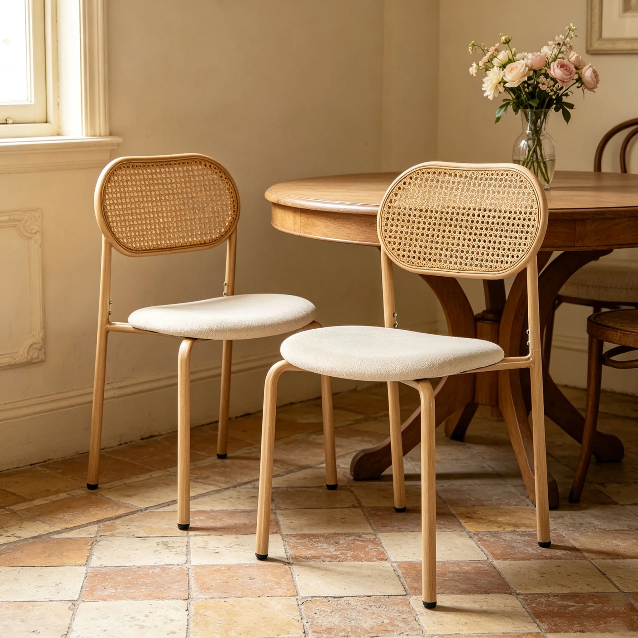 Superaly, set di 2 sedie da pranzo, sedie laterali da cucina in stile nordico con schienale in rattan, cuscino imbottito in tessuto, struttura in metallo color legno, sedie senza braccioli per sala da