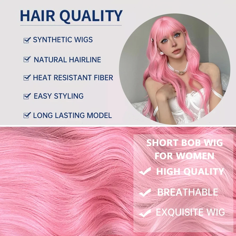 Pink synthetic wig with big waves for Halloween party, cosplay wig, daily wig, high-temperature hair accessory wig set image 5