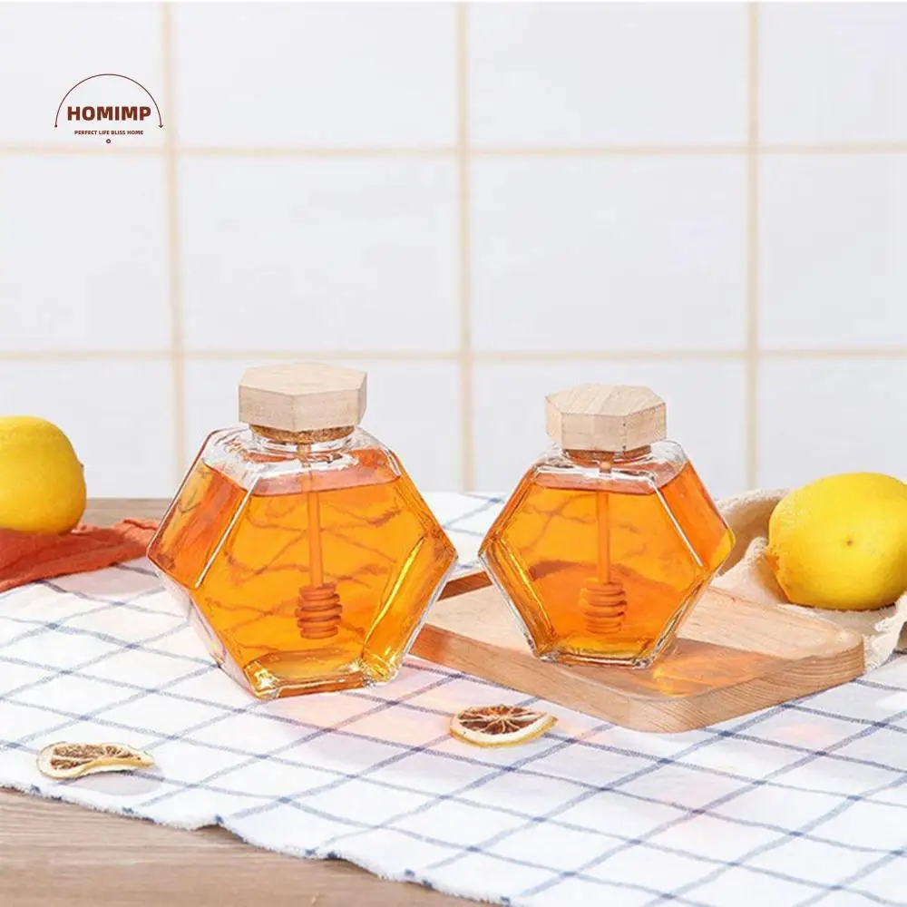 

Hexagon Home Cork Lid Glass with Wooden Dipper Honey Pot Storage Container Dispenser Honey Jar
