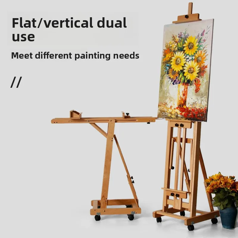 HXL Wooden Flat Vertical Easel Adjustable Pulley Folding Display Oil Painting Stand view 2