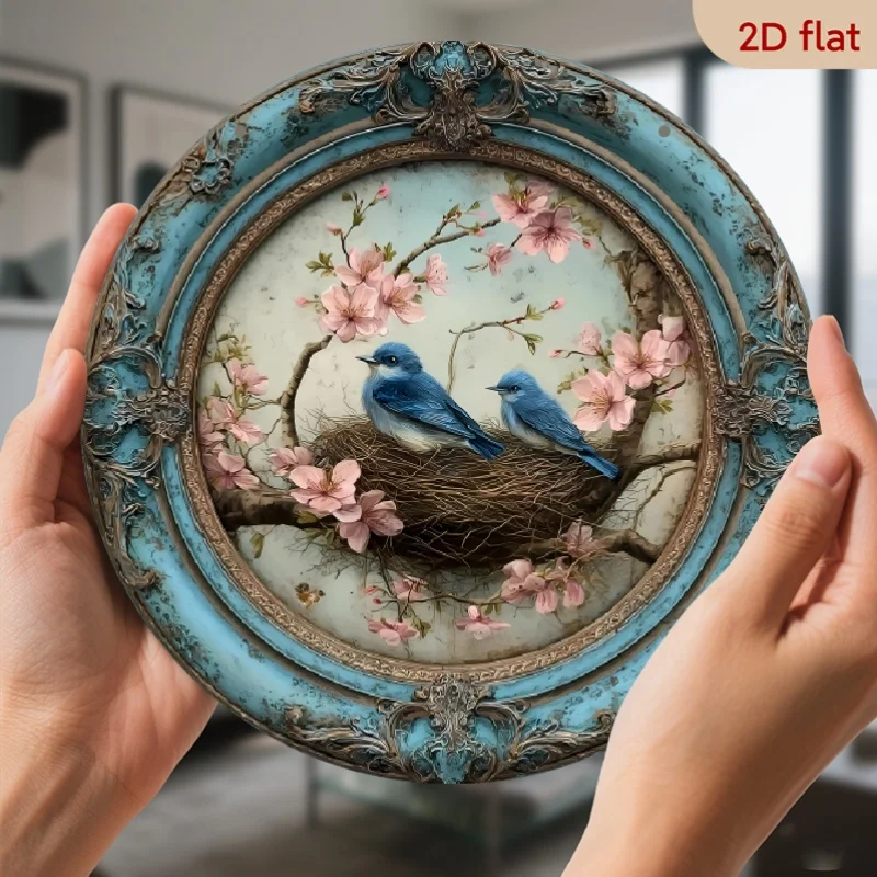 2D flat Round Metal Tin Sign Vintage Frame Blue Birds Nest Cherry Blossom Floral Art Farmhouse Home Wall Decor 7.87x7.87 Inch
