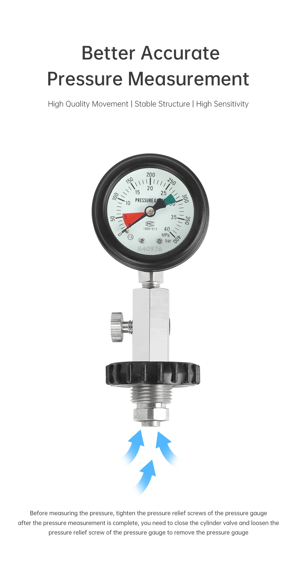 Scuba Choice G5/8 Gewinde für DIN-Tank Druckprüfer 5800 PSI/400 BAR Manometer, Langlebiges Edelstahl-Tauchventil-Zubehör – Detail 5