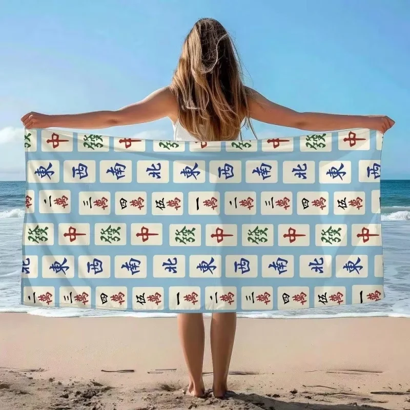 Newest Chinese Mahjong Tiles Blue Background Print Quick Dry Microfiber Beach Towel Game Pool Towel Quick Dry Towel