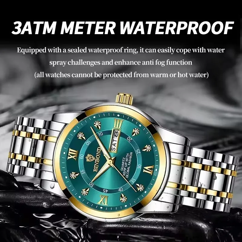 BINBOND Authentic Waterproof Night Light Business Diamond Inlaid Men's Watch Steel Strap Butterfly Buckle Display Date and Week