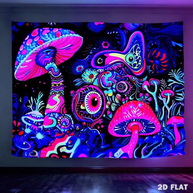 VIKAMA UV Reactive Mushroom Eyes Butterfly Tapestry Neon Flower Psychedelic Glow Wall Hanging for Bedroom Esports Room Decor