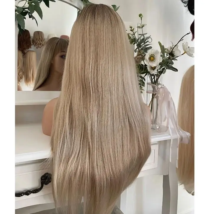 22 Inches Ombre Platinum Blonde Straight HD Transparent Lace Front Wig With Bangs Synthetic Wig For Women Glueless Invisible Wig