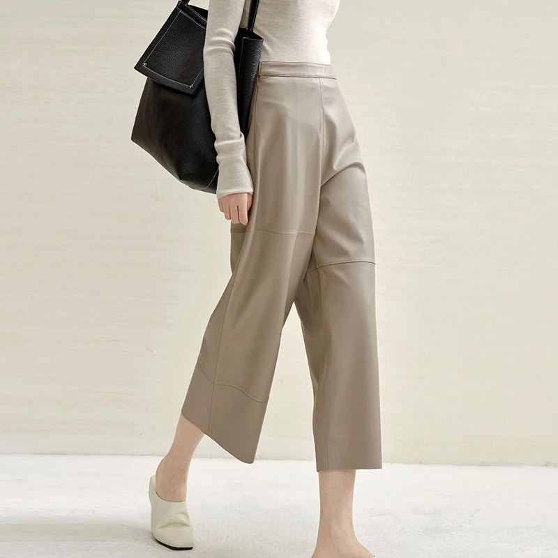 Julypalette Genuine Leather Wide Leg Pants for Women Autumn Winter Chic Office Ladies Real Sheepskin Straight Ankle-Length Pants