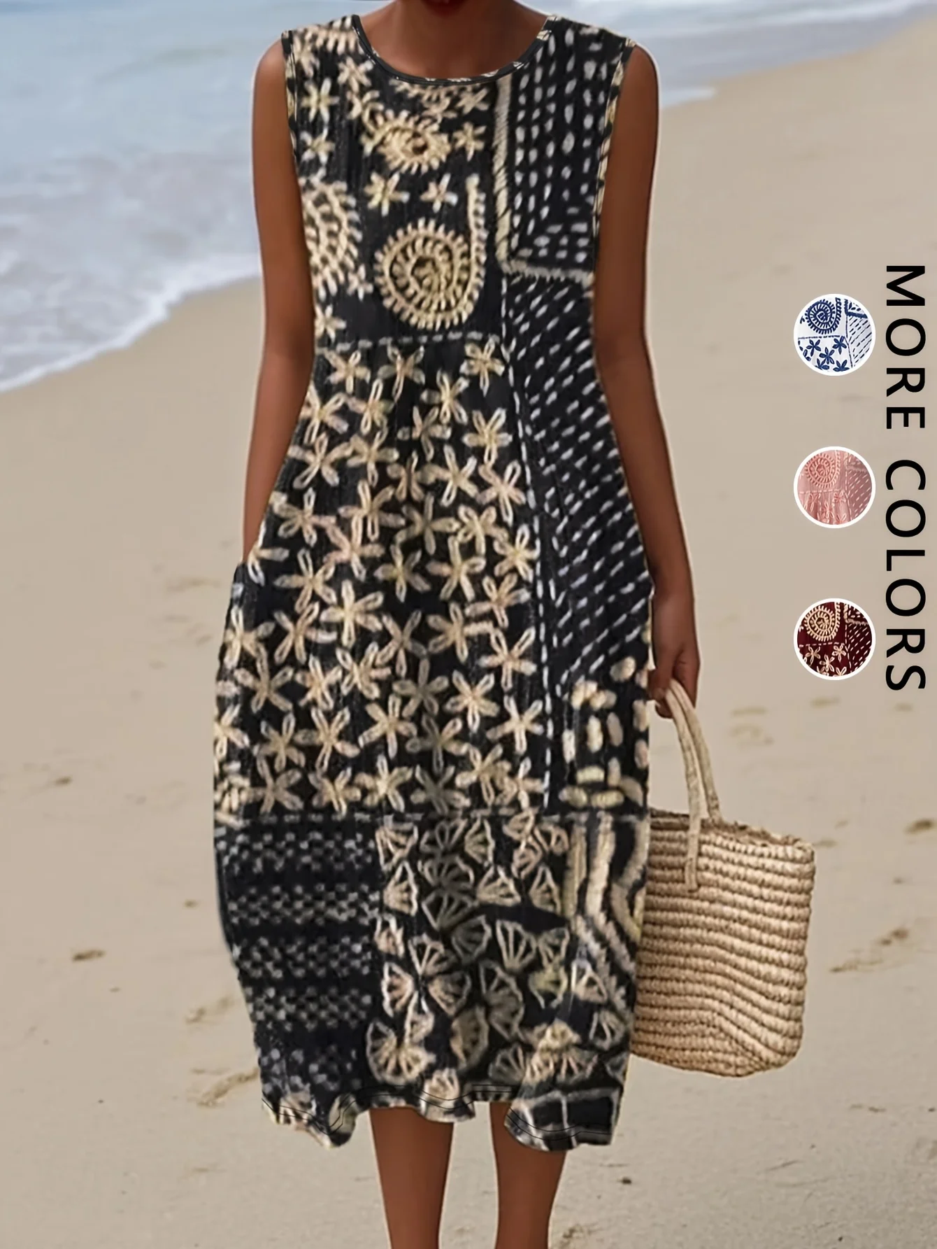 2026 Women's sleeveless Bohemian floral casual beach MIDI sundress with pockets flowing and loose Sweetheart Rustic Country image 5