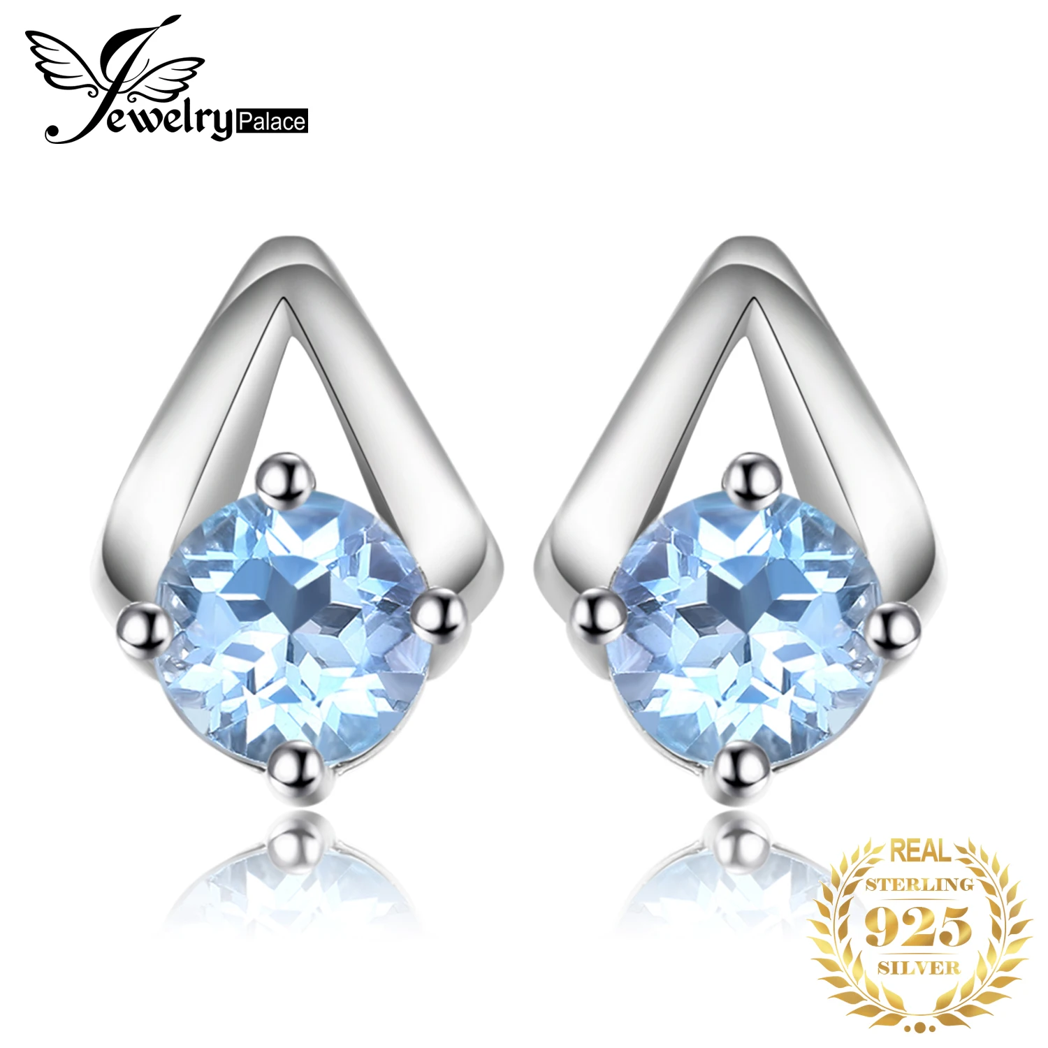 JewelryPalace 1,2 ct Okrągłe kolczyki sztyfty z naturalnym błękitnym topazem ze srebra próby 925, dla kobiety na prezent