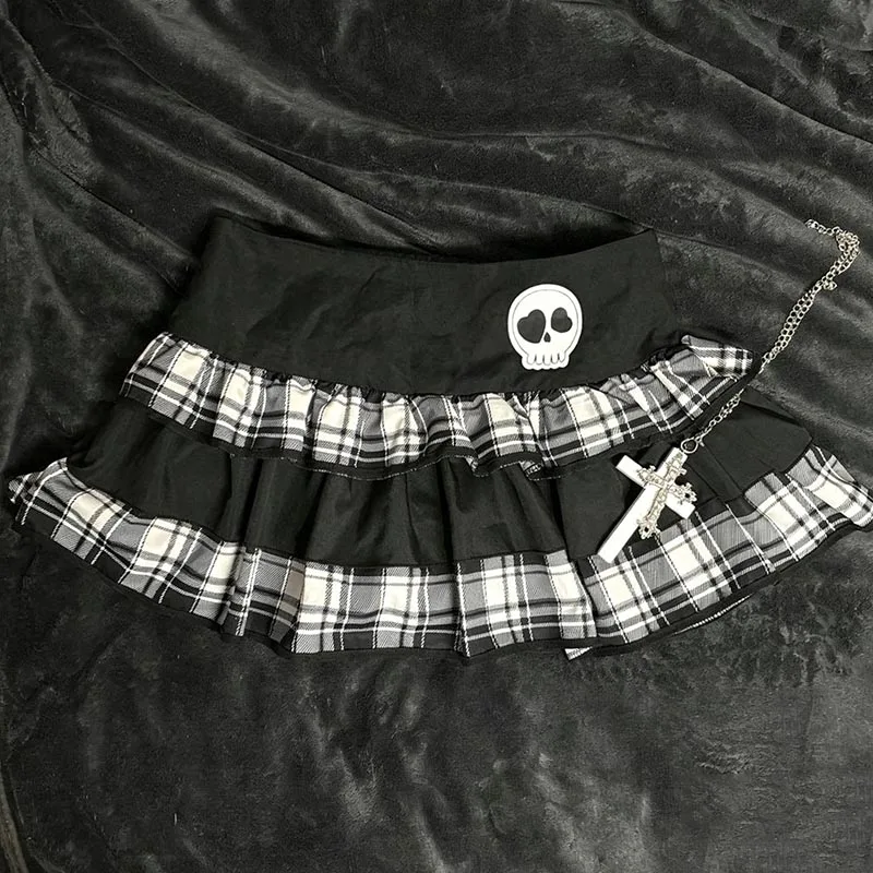 Harajuku Punk Plaid Ruffle Mini Skirt Gothic Elastic Waist Skull Chain Streetwear Y2K Lolita Women Short Skirt Women's Clothes