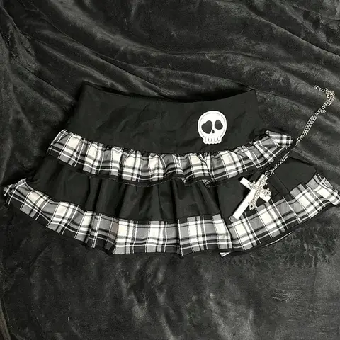 Harajuku Punk Plaid Ruffle Mini Skirt Gothic Elastic Waist Skull Chain Streetwear Y2K Lolita Women Short Skirt Women's Clothes