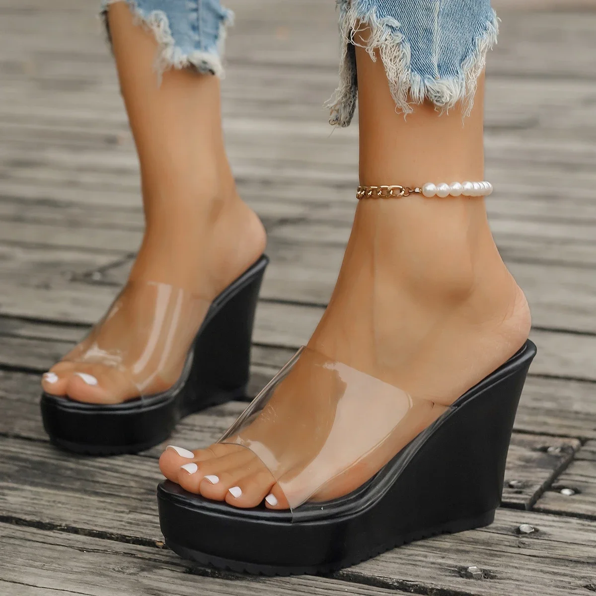 

2025 Women Sandals New Casual Heels Woman Transparent Platform Wedges Non-slip Shoes Ladies Summer High Heel Large Size 35~43