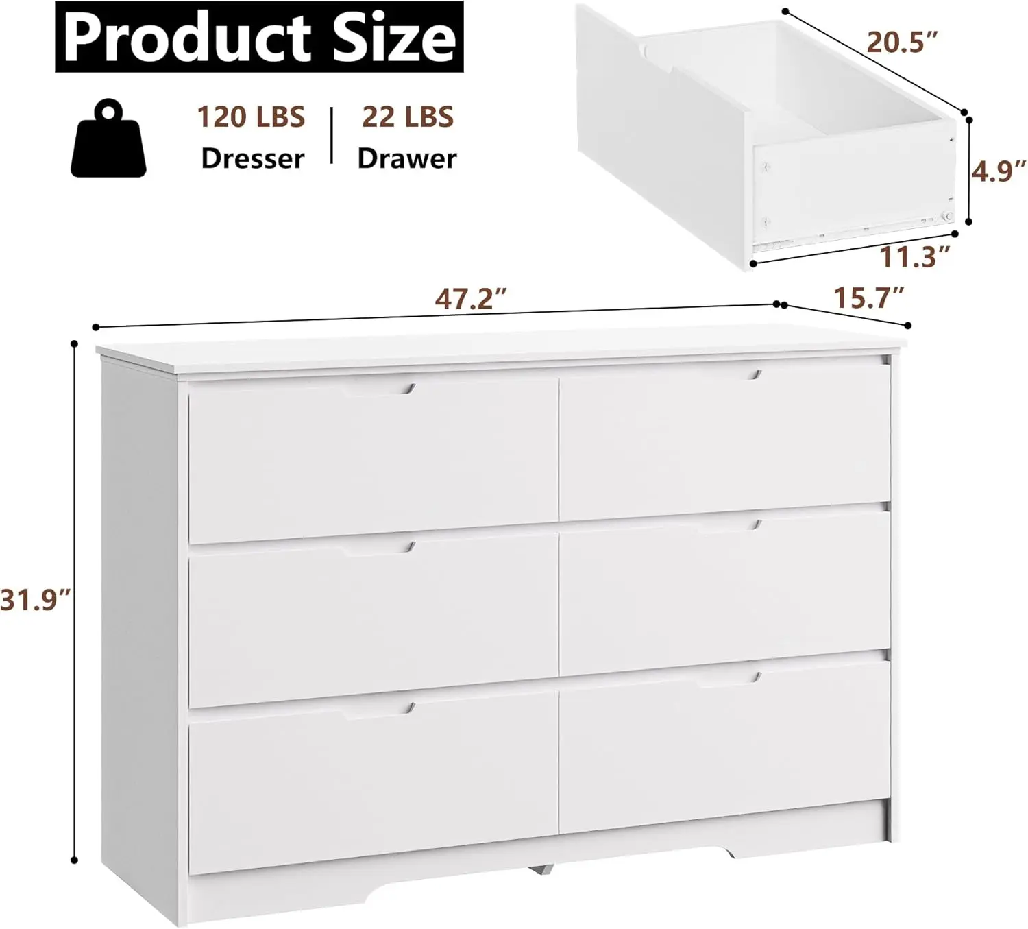 6-Drawer White Dresser, Modern Wood Chest with Hidden Handles, Deep Drawer Storage for Bedroom, Hallway