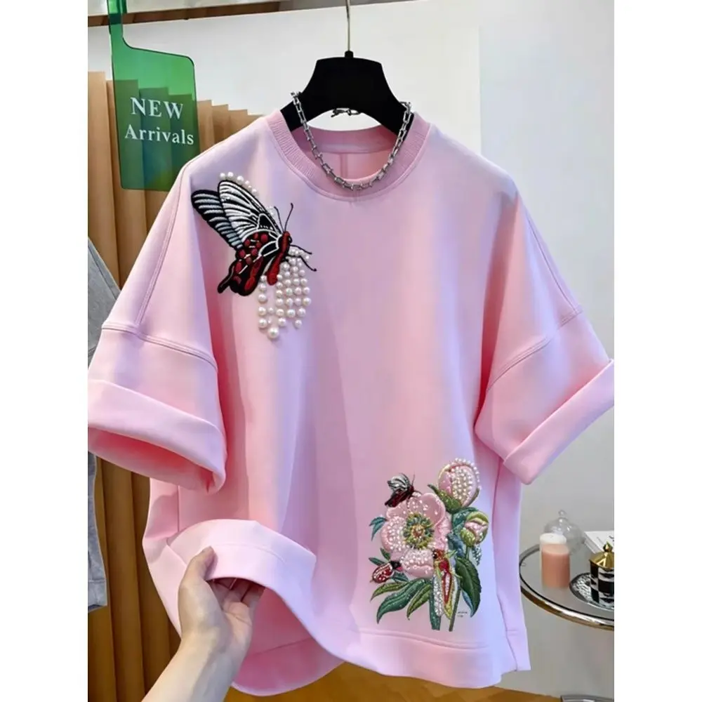 

Streetwear Trend Tops Original Design Short-sleeve T-shirts Summer Embroidery Tshirt Pearl Women Clothing High-end Tops Harajuku