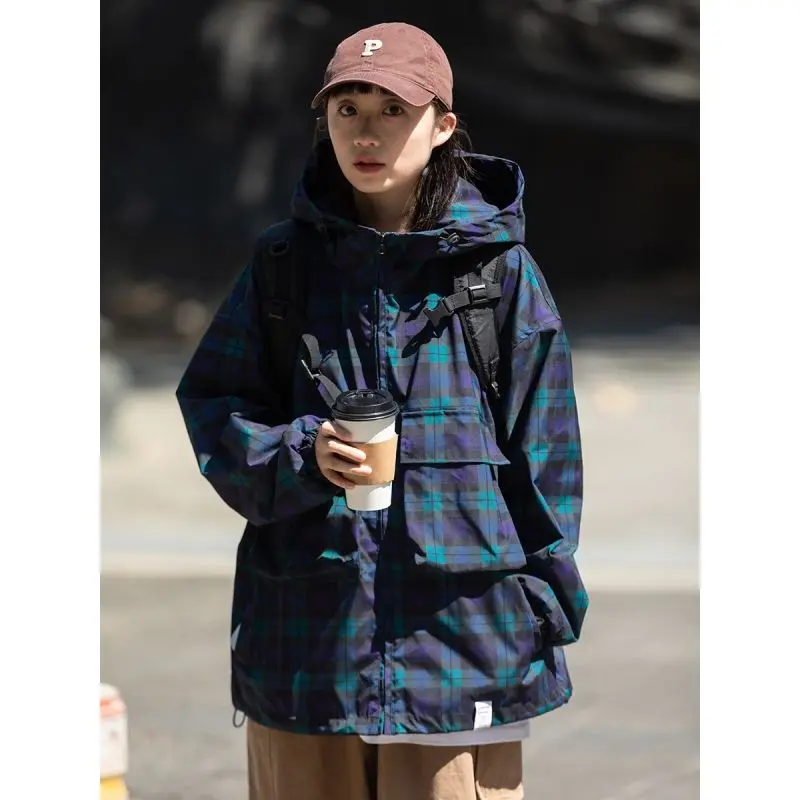 Women's Spring Autumn Trench Coat Tops Coats Hooded Plaid Jacket Simple Loose Casual Design Chic Advanced Soft Niche Versatile