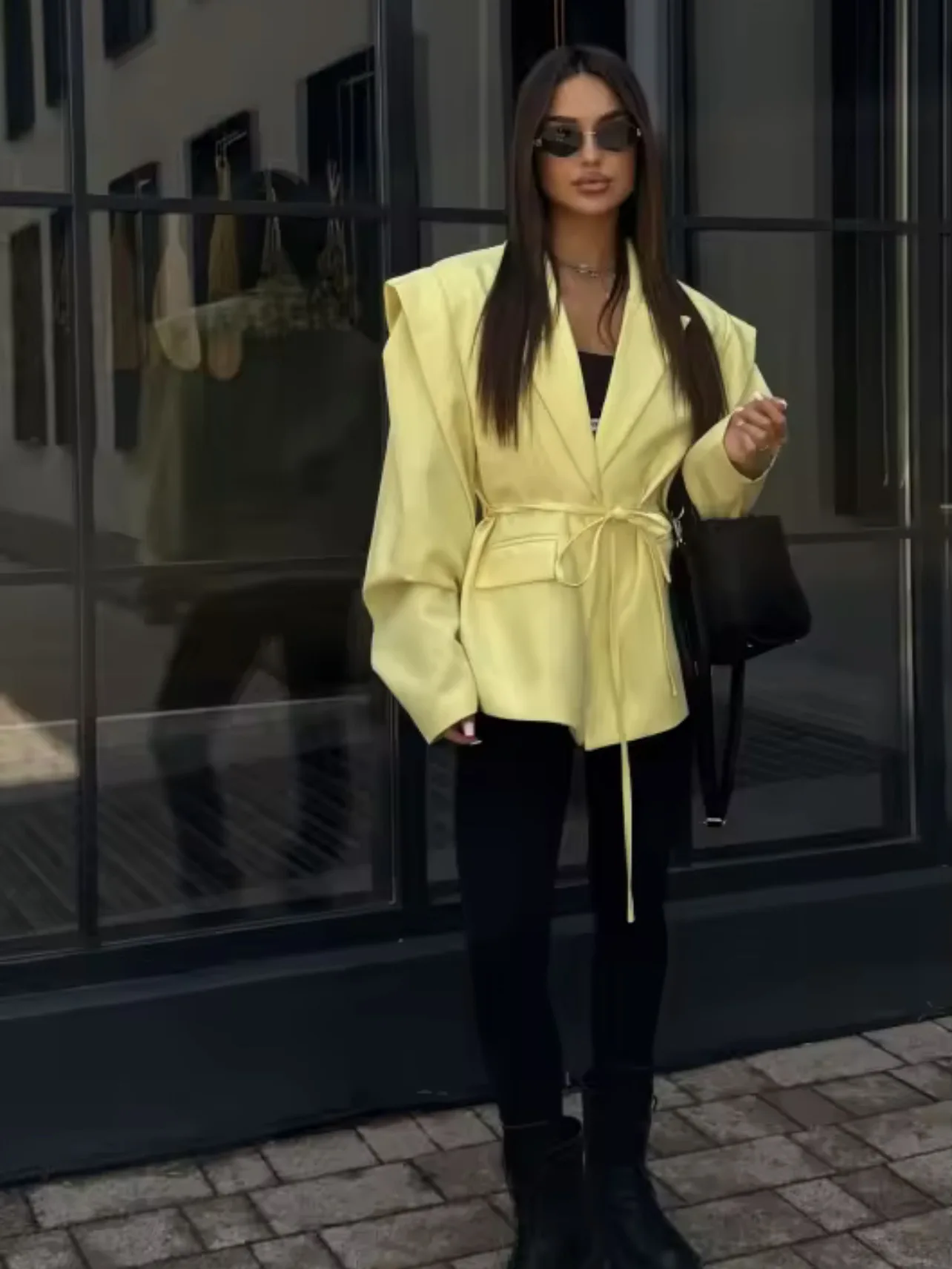 Retro Brown Belted Blazer Coats Women's Fashion Lapel One Button Oversized Jackets 2025 Autumn Office Commute Street Outerwears