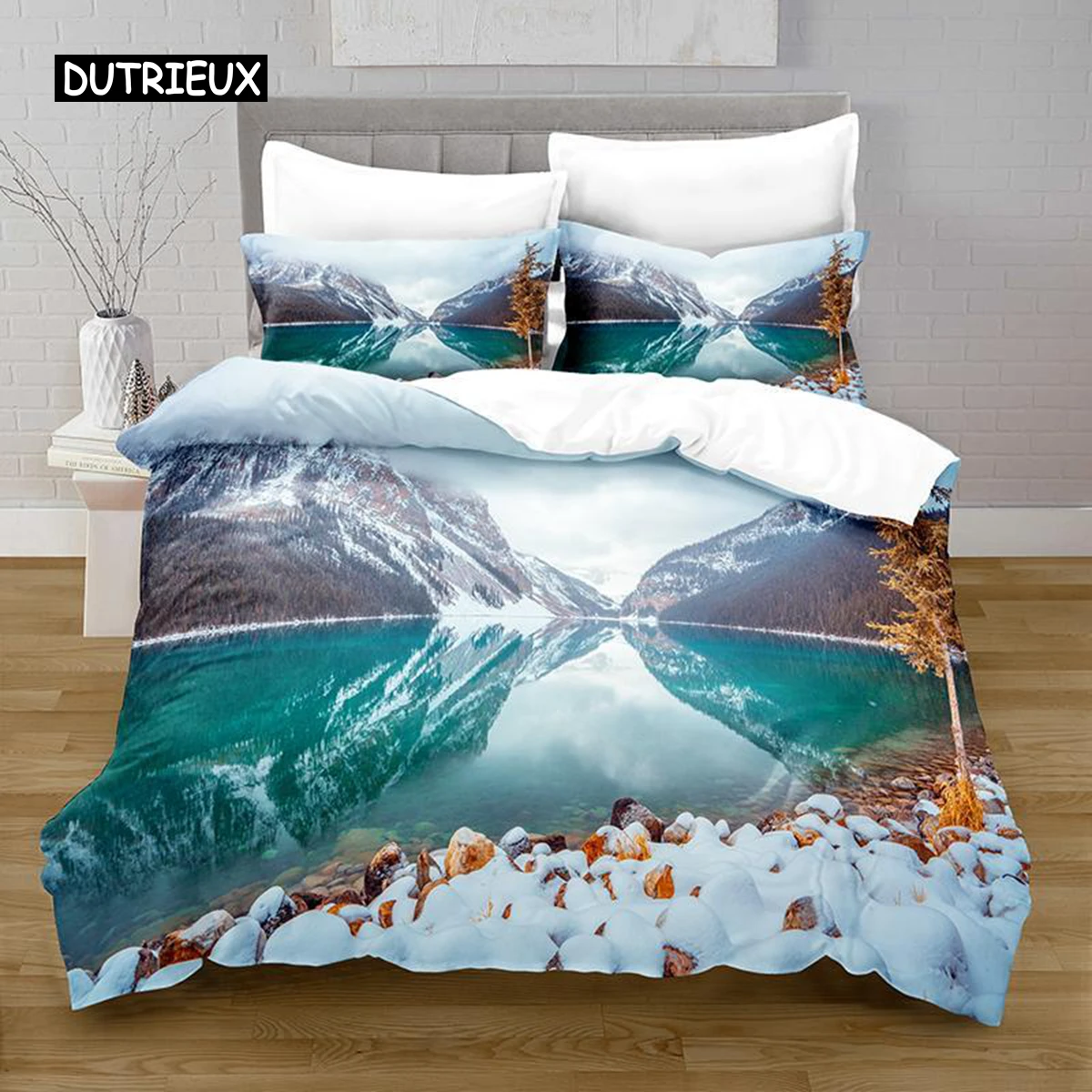 

Lake Duvet Cover Set Lake Mountain Peak Stone Pattern Quilt Cover for Teens Adults Natural Scenery Theme Microfiber Bedding Set