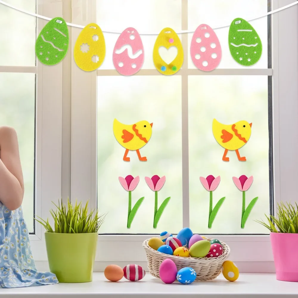 Felt Colorful Egg Rabbit Banner Easter Party Background DIY Non-woven Fabric Chicken Lily Flower Decor Garland Window Sticker