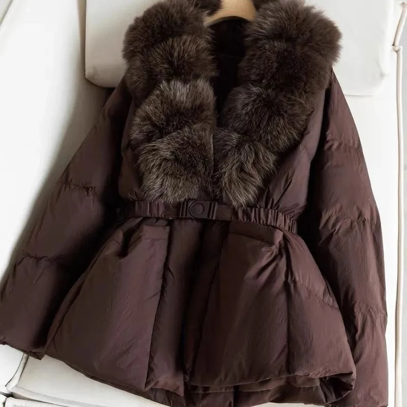 سترة نسائية بياقة من فرو الثعلب الحقيقي لشتاء 2025 معاطف جديدة بخصر دافئ وسميك سترات نسائية عصرية سترات باركاس