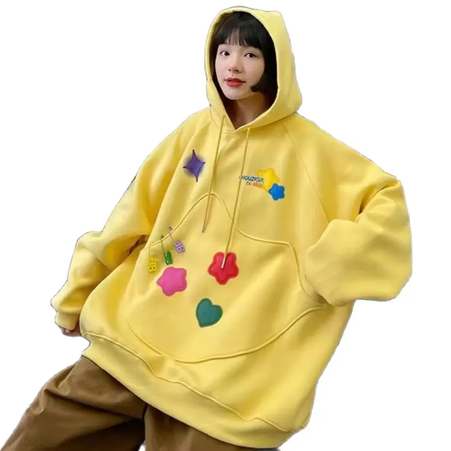 Star Hooded Sweatshirt Women 2024 Autumn New Style Irregular Pocket Loose Japanese Retro Long-Sleeved Top