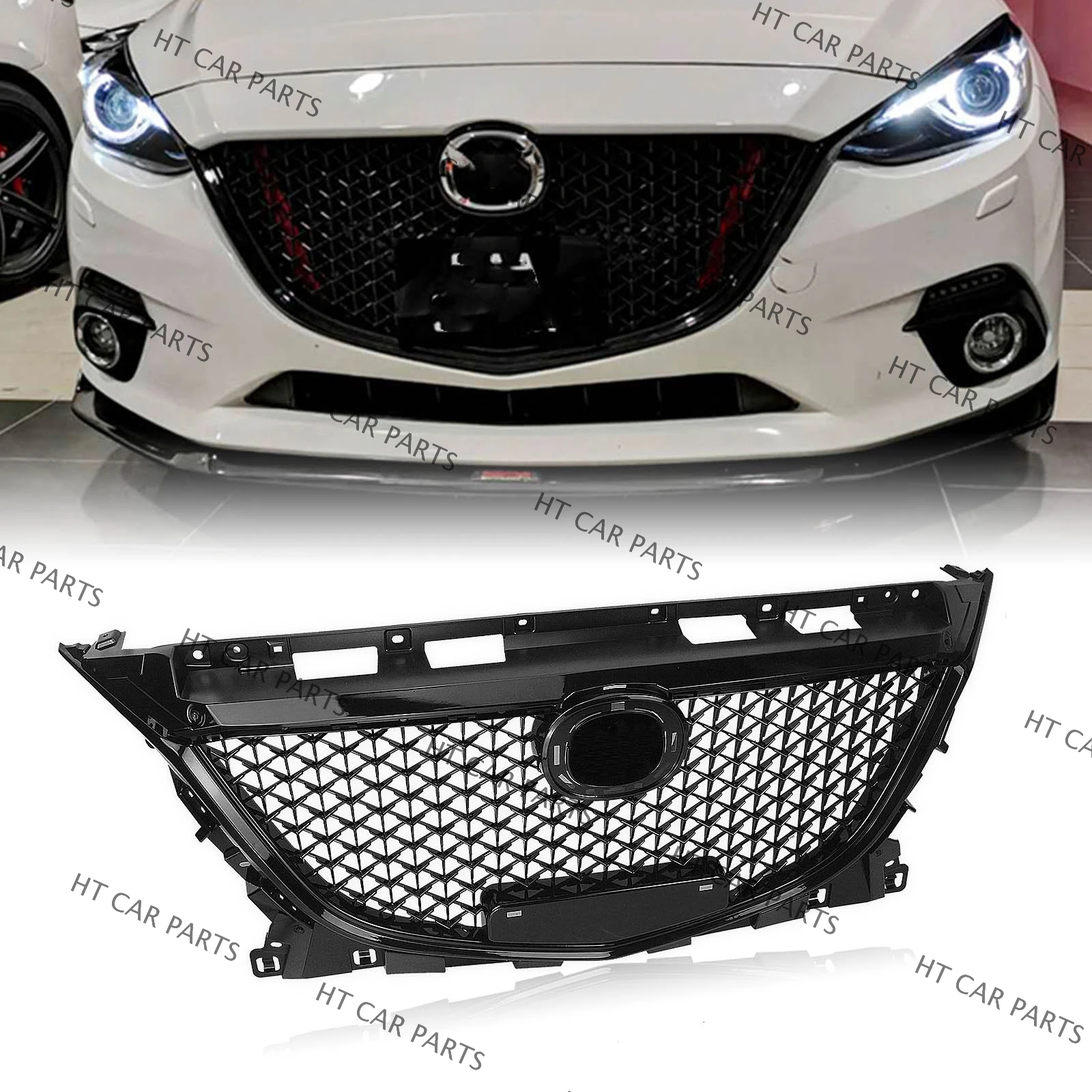 1PCS Glossy Black Honeycomb Front Bumper Grille For Mazda 3 Axela 2014-2016 2014 2015 2016