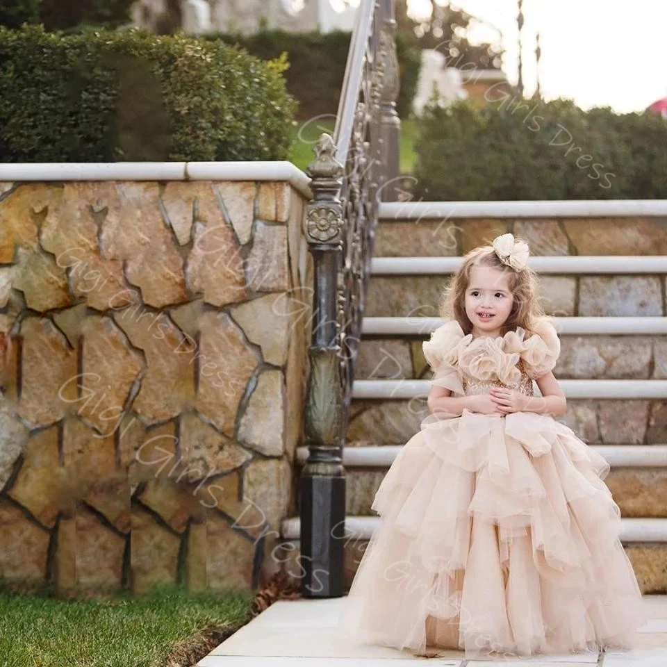 Vestido de princesa champán para niñas con flores hechas a mano en 3D, vestido de baile esponjoso, vestido de niña de flores de tul escalonado, vestido de fiesta personalizado