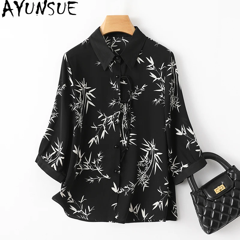 

AYUNSUE 92% Real Mulberry Silk Shirt Women Short Sleeved Shirts Blouses New Chinese Womens Summer Clothes 2024 Tassels Tops