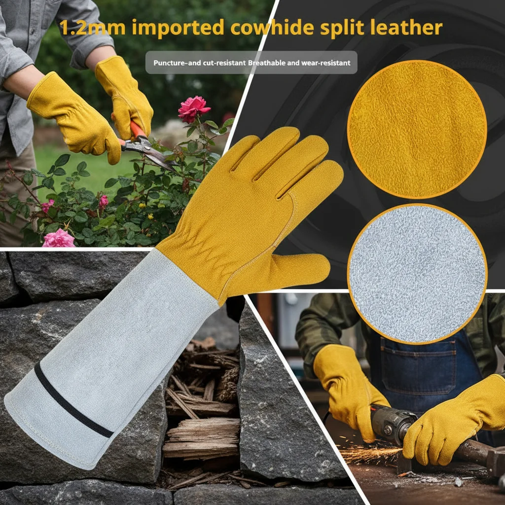 Cowhide Long Tube Gardening Gloves Stab Resistant Labor Protection Gloves for Garden Construction Sites
