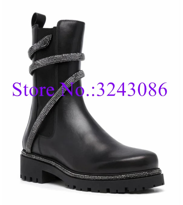 Novo cristal cobra cinta plana ankle boots moda mulher de couro preto salto baixo casual curto botas senhora sexy sapatos de inverno