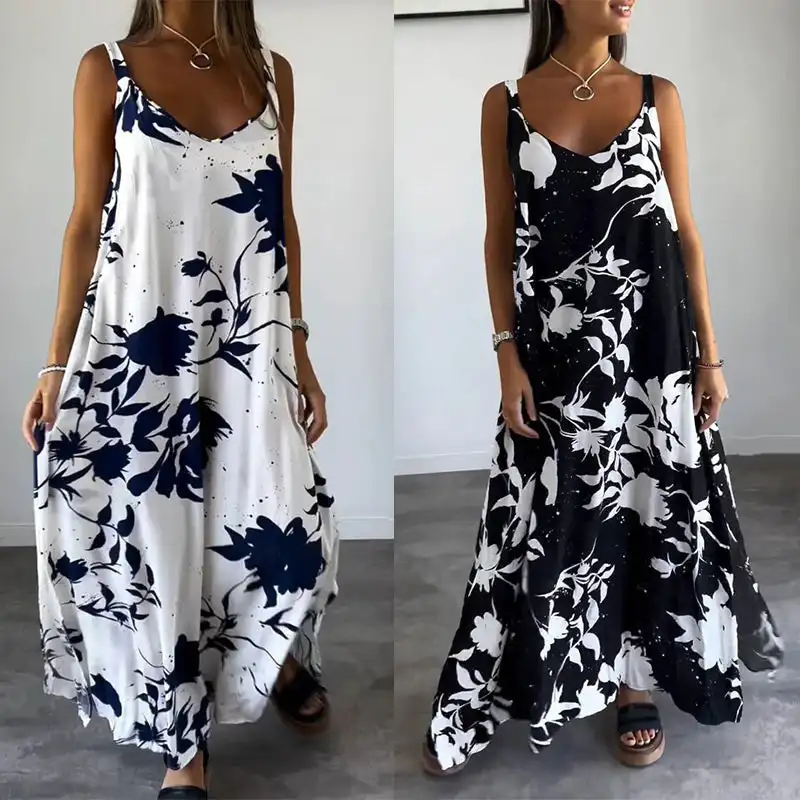 Fluid dress with thin straps, sleeveless and uncovered on the Women's Floral Spaghetti Strap Sleeveless Backless Flowing Dress