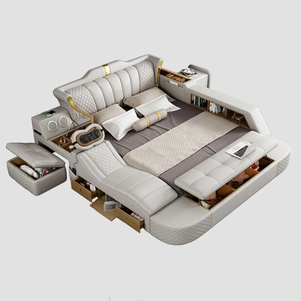 

Customizable Tech Smart Bed 2 People with King Size Bed Frame Queen, Genuine Leather, Massage, USB, Bluetooth Speaker, and Safe