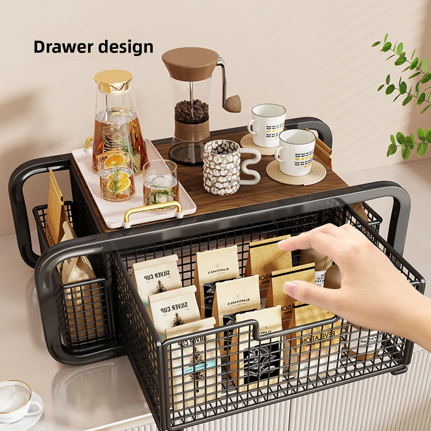 Coffee capsule drawer storage rack, K-cup coffee capsule drawer, coffee area with side basket storage drawer