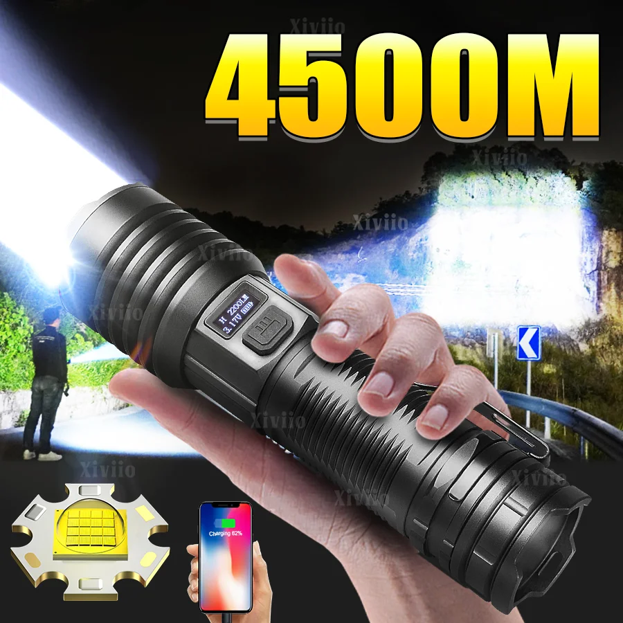 

Ультраяркий светодиодный фонарик XHP300, перезаряжаемый через USB, мощный, с дальностью действия 4500 м, тактический фонарь для рыбалки и охоты