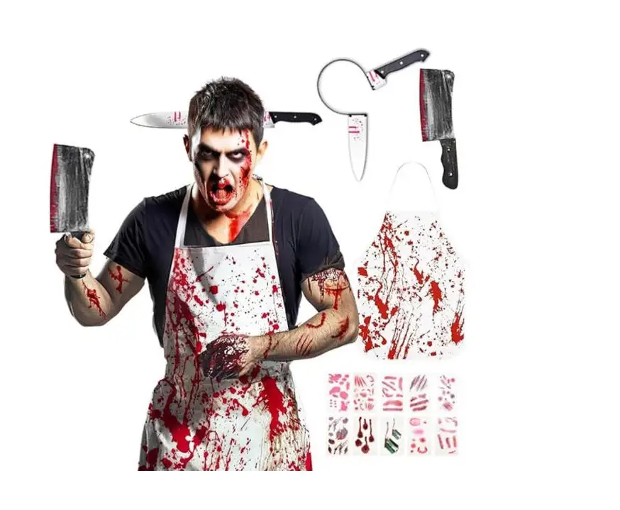 

Halloween Black and White Terror Played Butcher cosplay with Bloody Non woven Apron Trick Prop