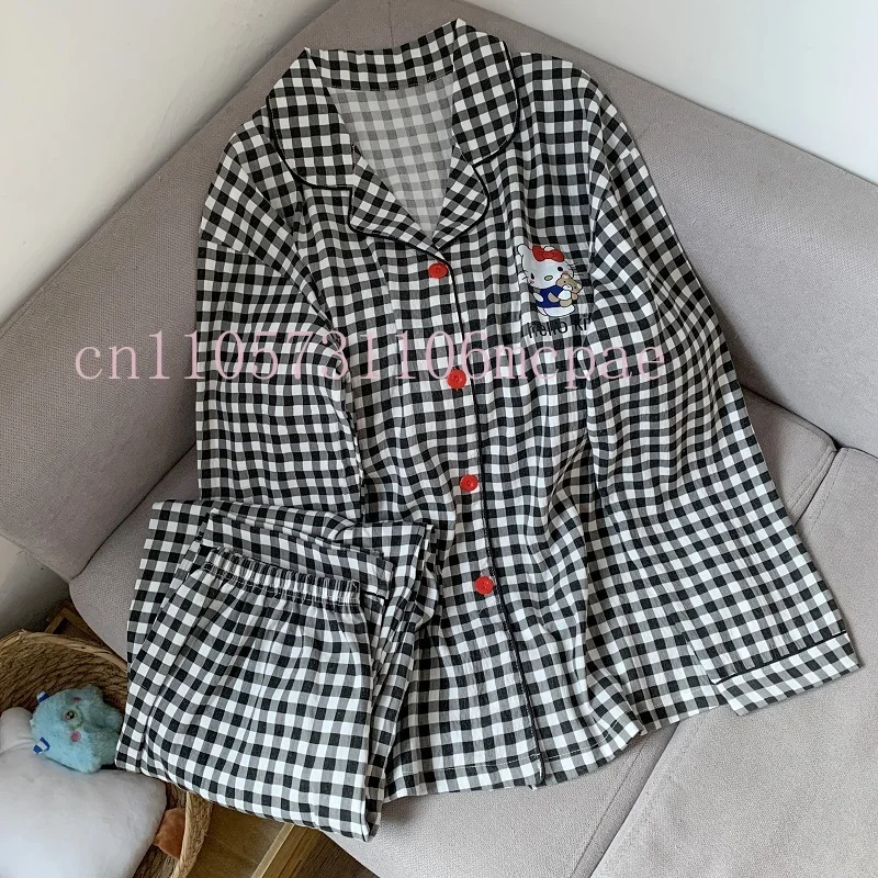 

Пижама большого размера Hello Kitty для женщин, клетчатая одежда с длинными рукавами, одежда для сна для женщин, удобный пижамный комплект, мягкая свободная одежда для дома