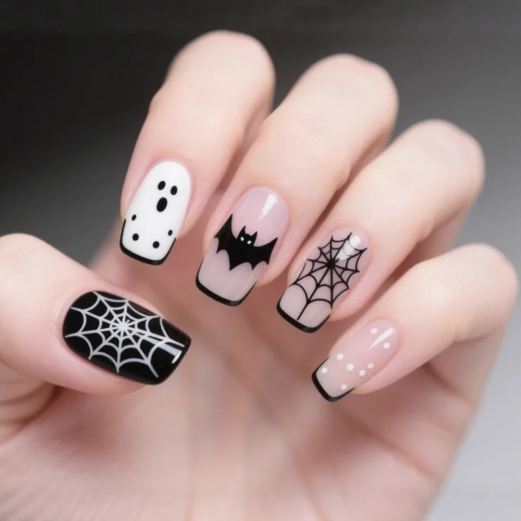 2026 New Minimalist Nail Art: Sweet, Cool, and Cute Halloween French Bat Ghost Spider Web Medium Rectangular Wearable Nails