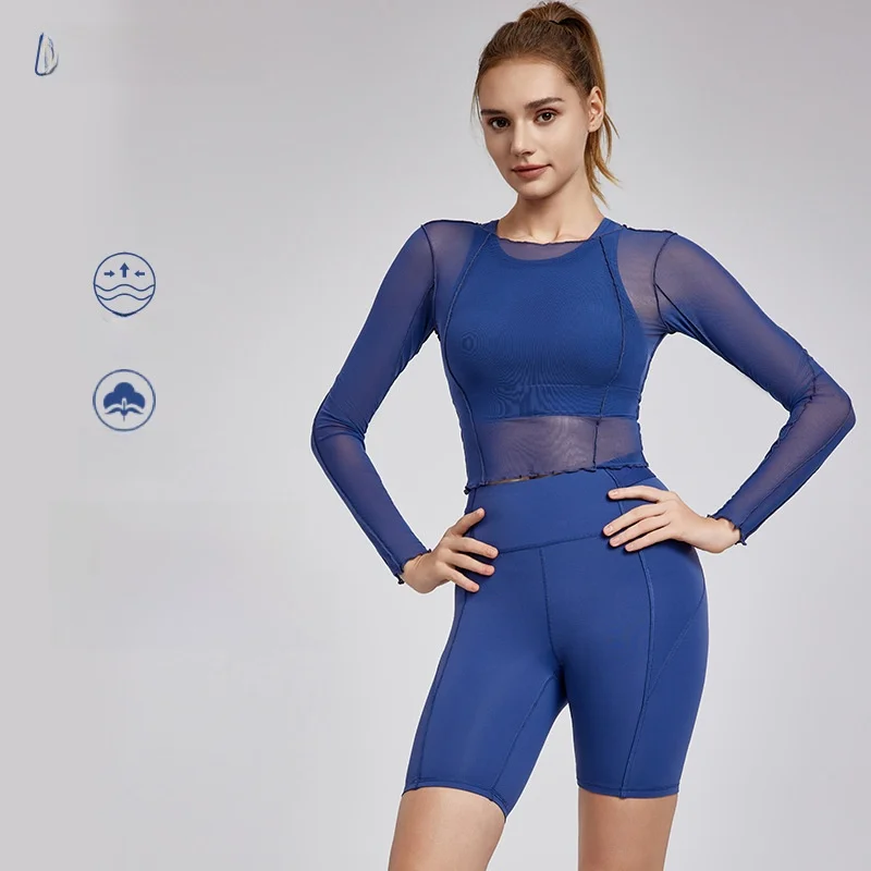 

3D сетчатая блузка для йоги с длинными рукавами, женственная слегка прозрачная короткая спортивная одежда для фитнеса, нижний топ для женщин