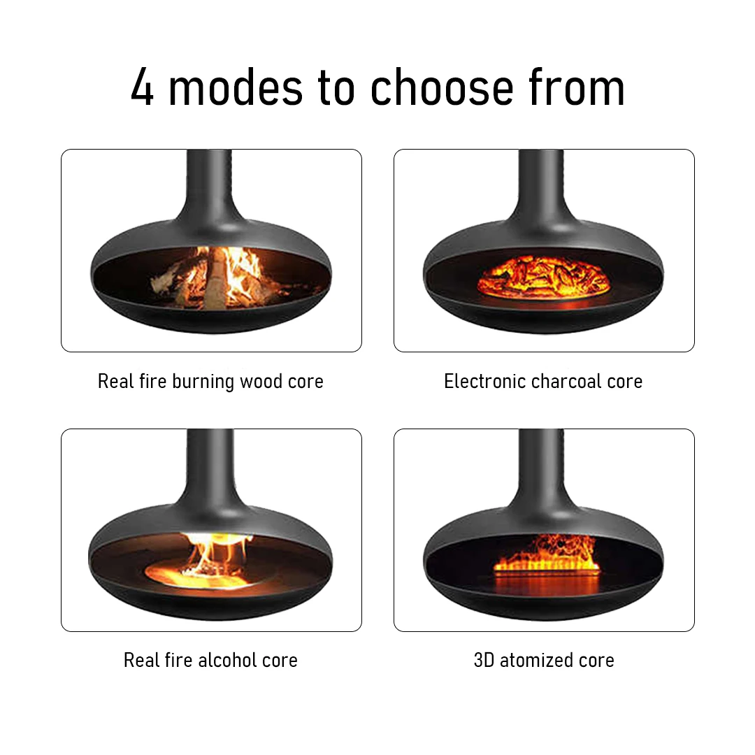 Modern Indoor Hanging Wood Burner Stove Round UFO Saucer Design with Suspended Steel Real Fireplace Effect Carbon Steel Material