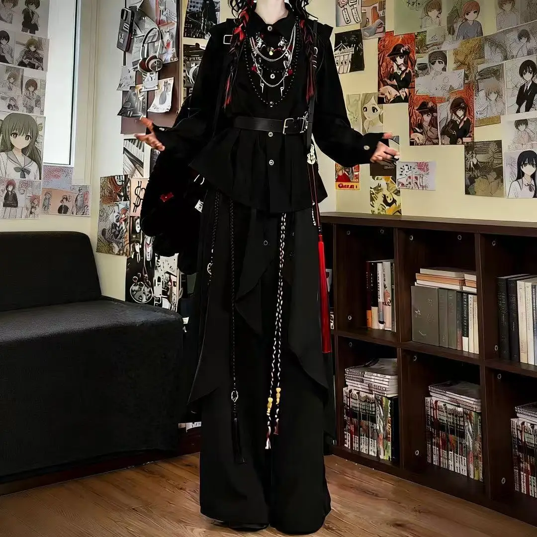 

Youthful Anime Cosplay Costume Dark Black Bisex Embroidered Tops Wide Leg Pants Set Halloween Event Street Game Y2K COS Suits