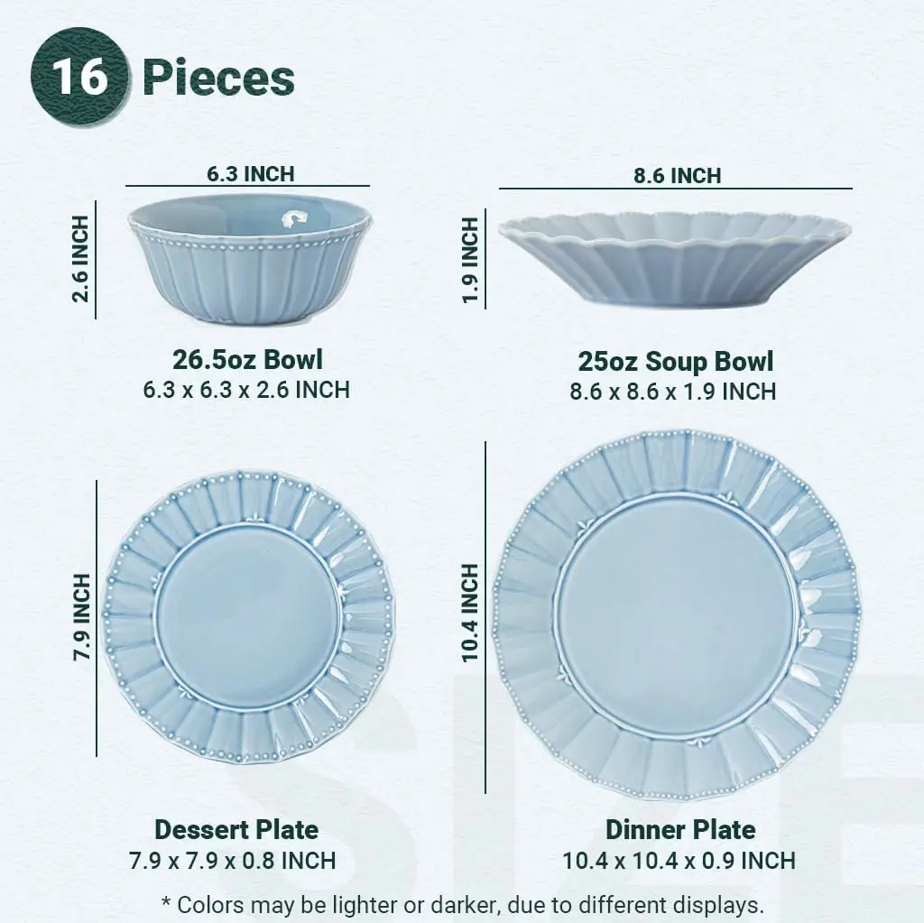 16-Piece Ceramic and Porcelain Dinnerware Set for 4, Plates and Bowls Set, Farmhouse Premium Kitchen Decor, Microwavable Safe Dish Set, Celestial Blue