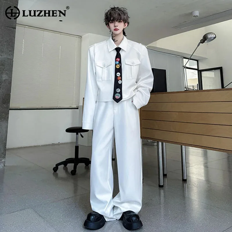 

LUZHEN 2025 Autumn New Two-piece Sets Men Fashion Elegant Temperament Necktie Decorate Long Sleeve Shirts Straight Pants JY4969